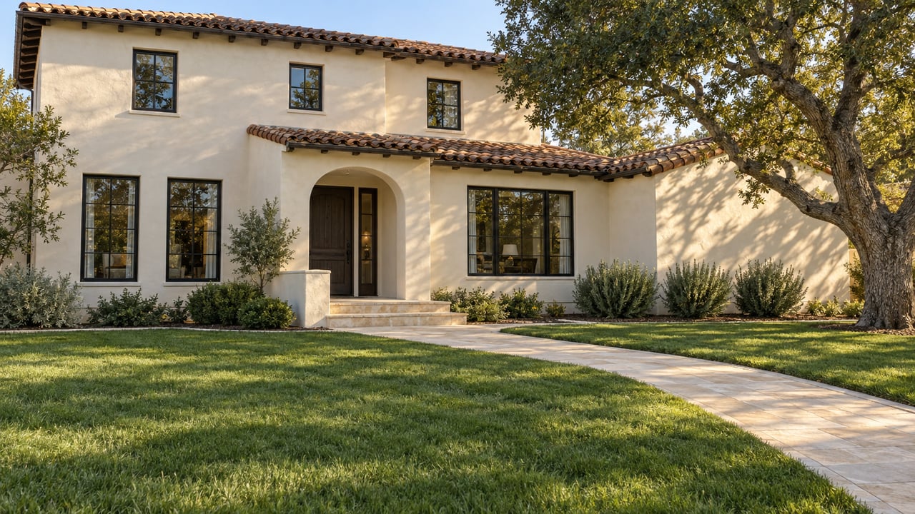 Cream stucco home with clay roof tiles, black-framed windows, a deep front lawn, and a mature oak beside a limestone entry path.