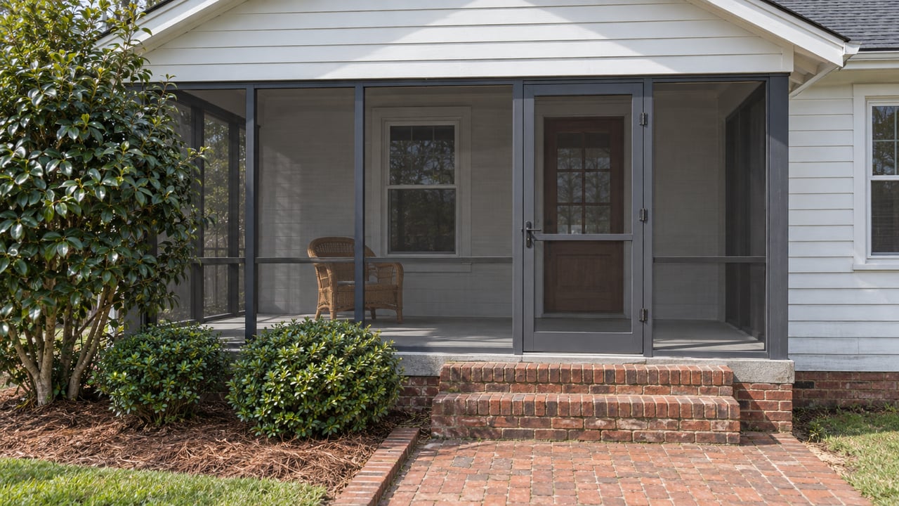 White clapboard bungalow with a screened front porch, worn brick steps, and glossy camellia foliage.