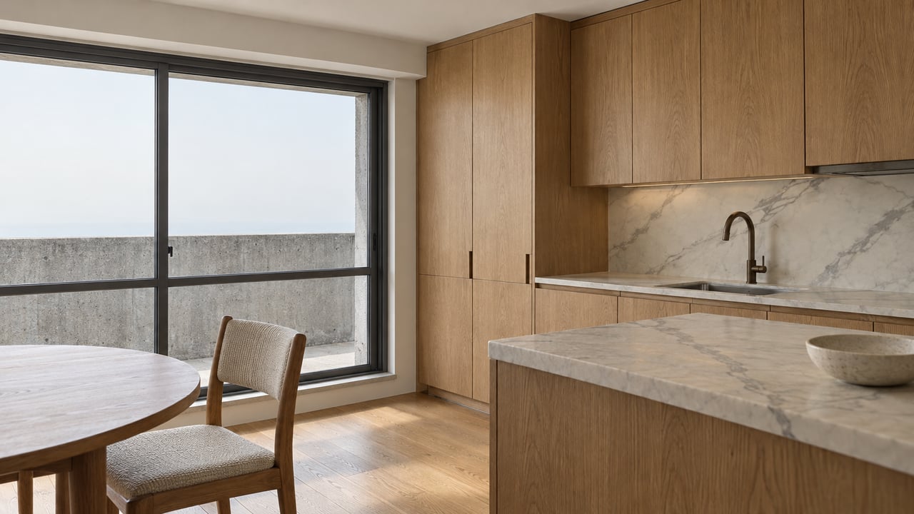 Sunlit apartment kitchen corner with honey-oak cabinetry, veined ivory stone, and an upholstered oak chair beside a closed window.