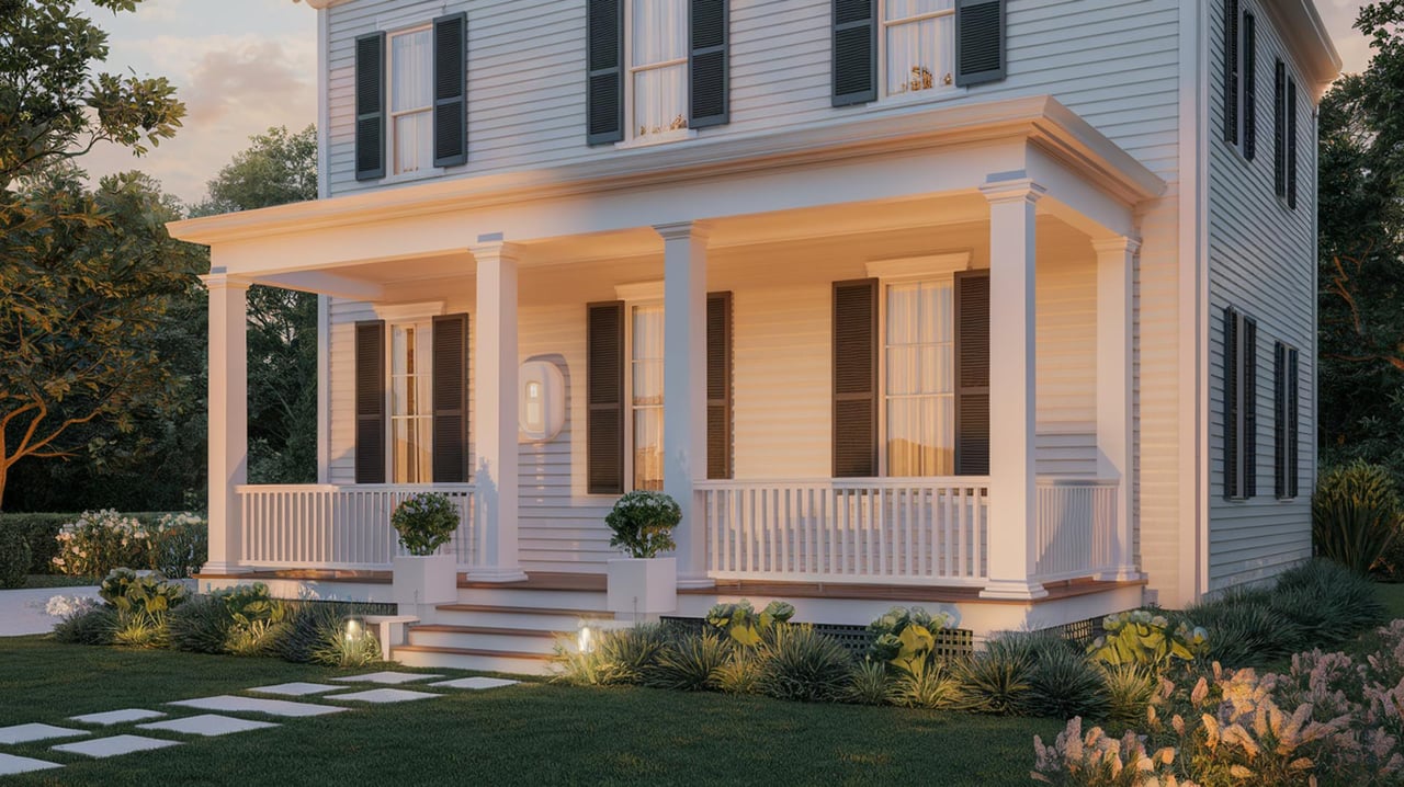 Two-story white clapboard house with a deep wraparound porch, white railings, and broad front steps.