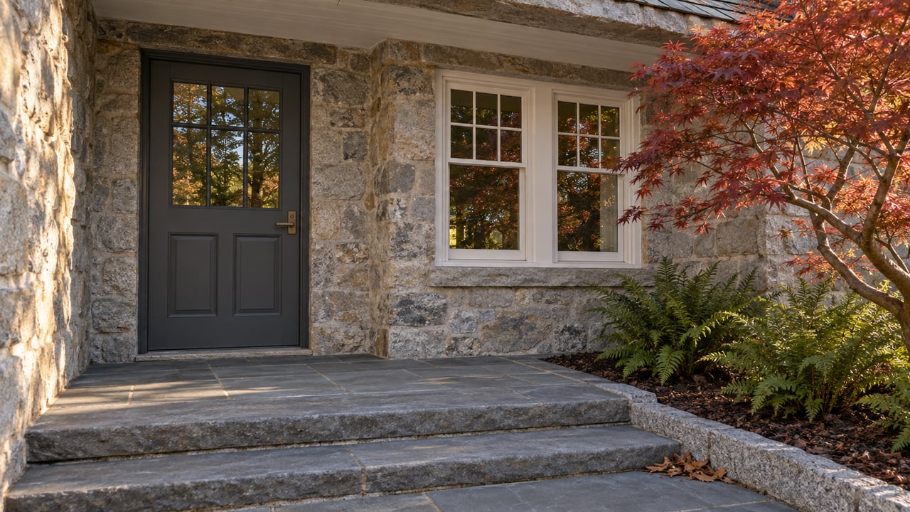 Stone home entrance with a charcoal door, paired white windows, bluestone steps and a copper-red Japanese maple.
