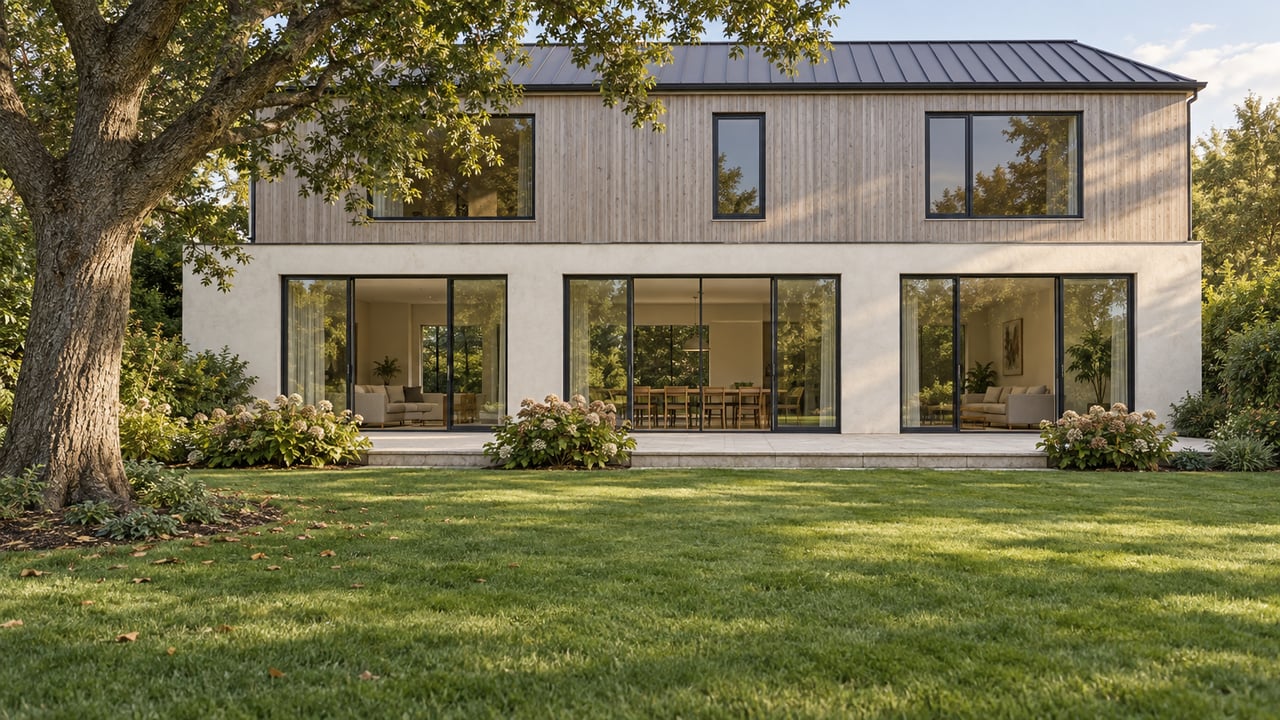 A broad lawn leads to a limestone terrace and a two-story timber-and-stucco home beneath an oak tree.