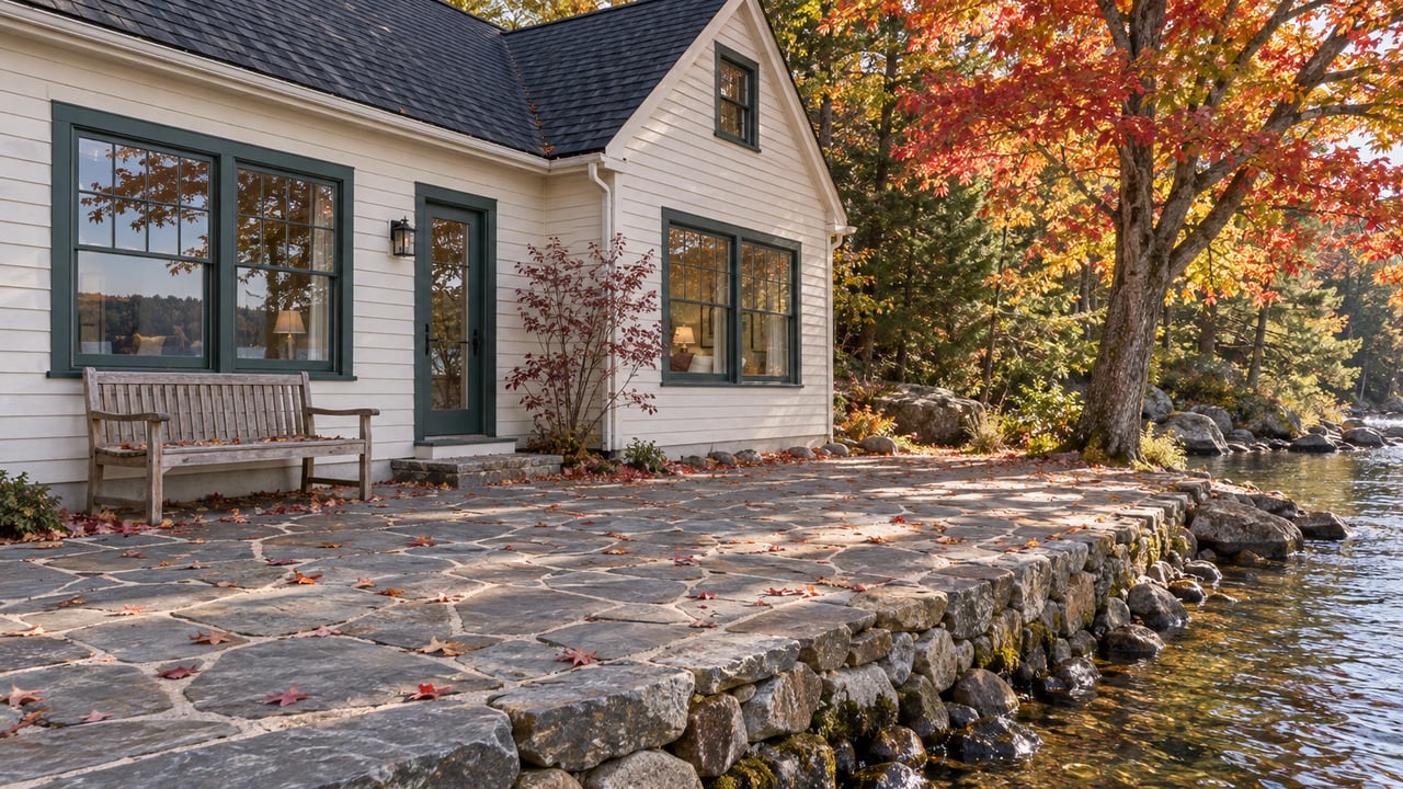 Lake-facing Cape with green-framed windows, a bluestone terrace, and a red-leaved maple beside the shore.