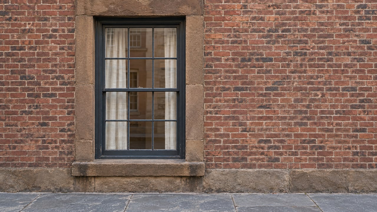 A charcoal-painted townhouse window with ivory curtains, set into aged red brick and weathered brown sandstone above a bluestone sidewalk.
