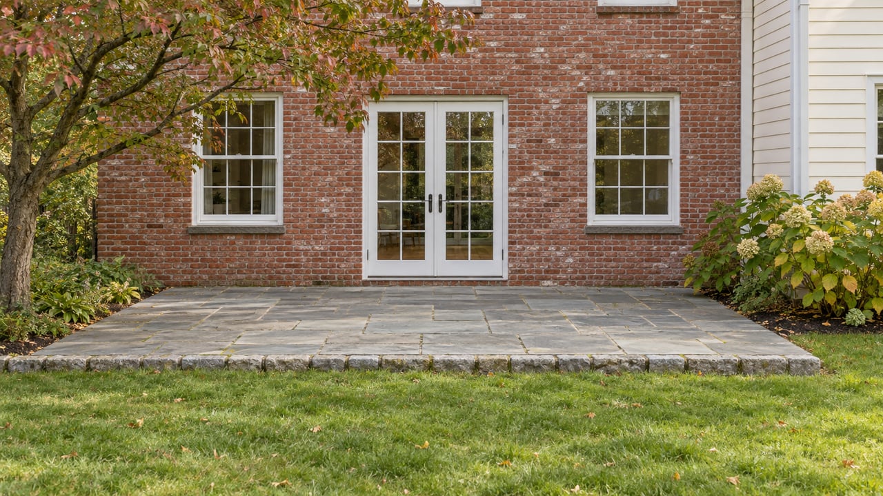 Red-brick rear of a two-story home with white French doors, a stone terrace, and lawn.