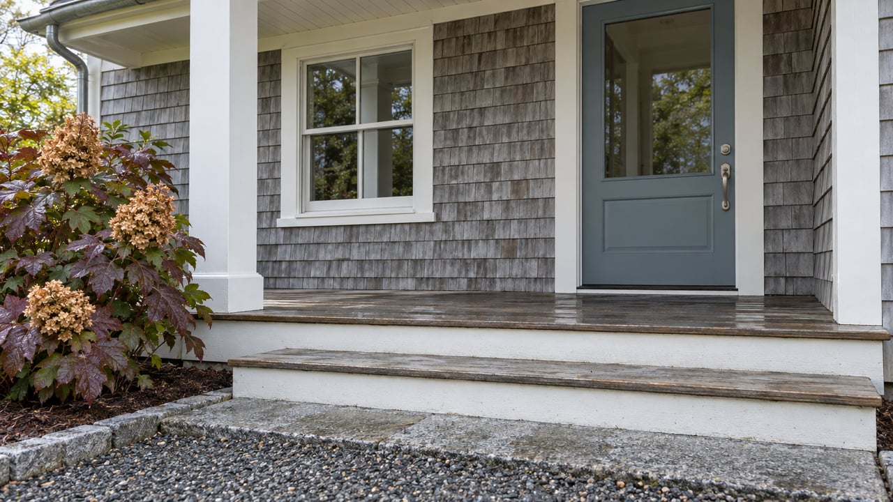 Weathered gray shingle cottage entrance with a blue-gray glazed door, white trim, wooden porch steps and a rain-dark granite landing beside autumn oakleaf hydrangea.