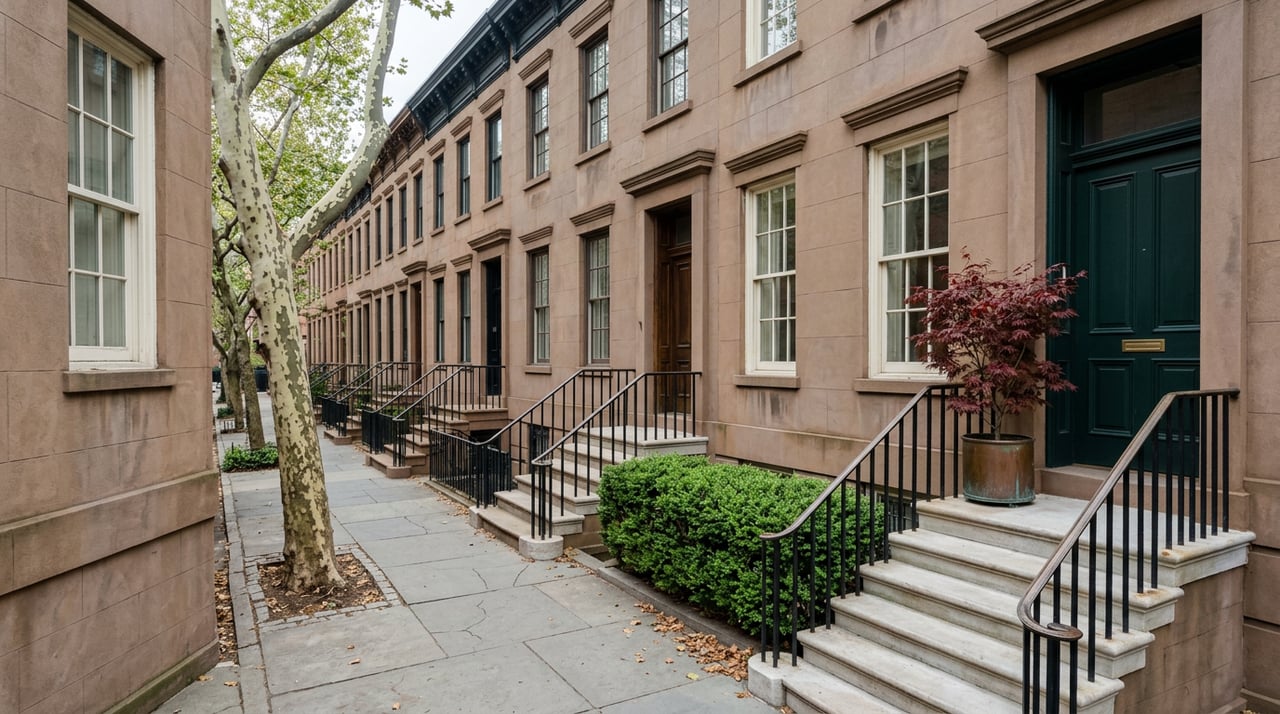 Brownstone townhouses with stone stoops, black iron railings, a plane tree, and red Japanese maple foliage.