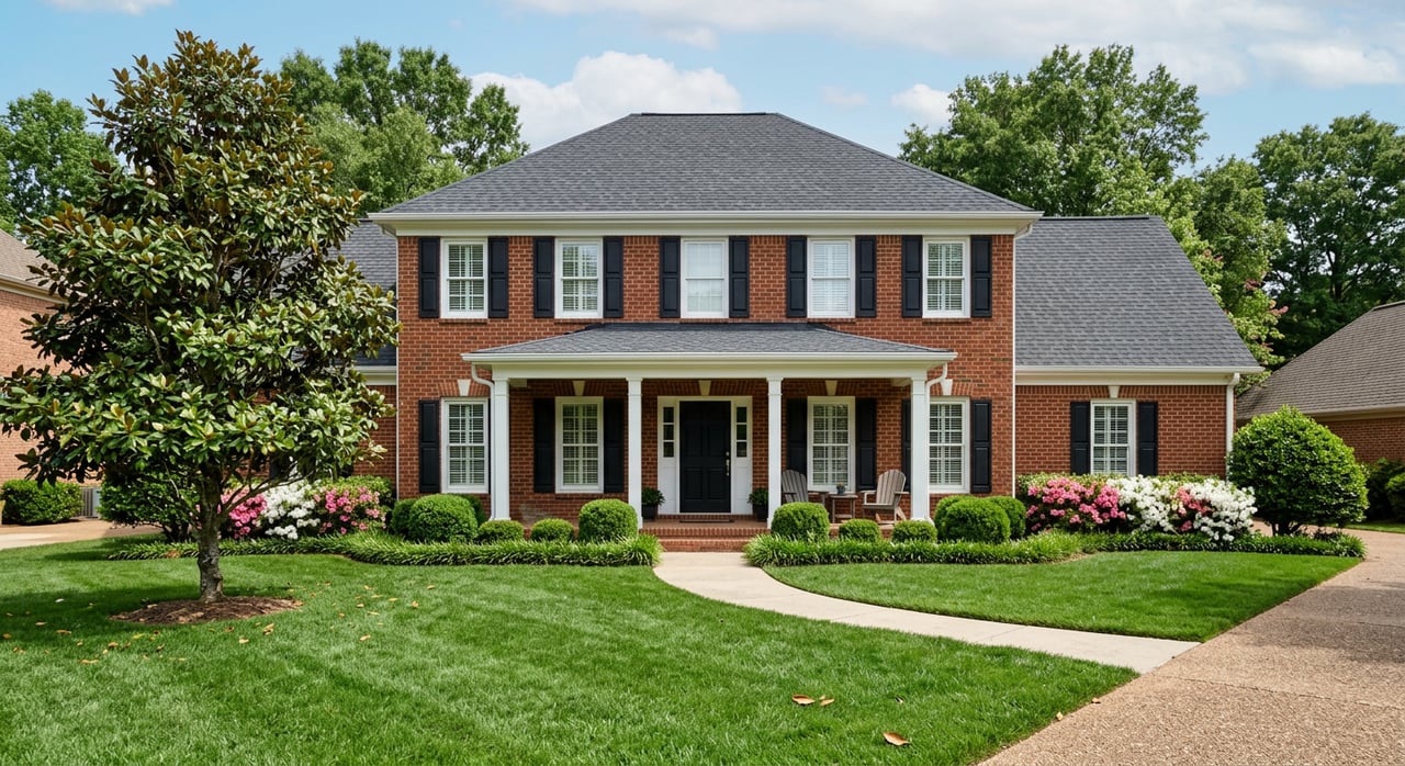Red-brick house with a white-trimmed porch, curved walkway, lawn, and clipped shrubs.