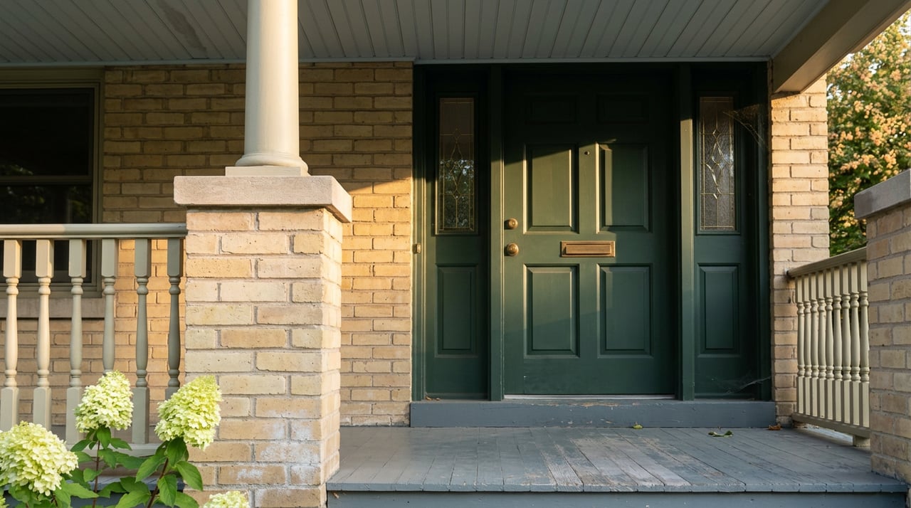 Deep green paneled door with beveled-glass sidelight beside a buff brick pier and chartreuse-white hydrangea blooms.