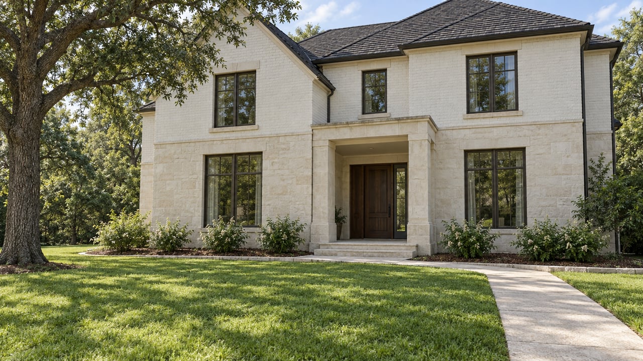 Cream stone and warm-white brick home beyond a broad lawn, with a mature spreading oak, bronze-framed windows and a pale concrete entry walk.