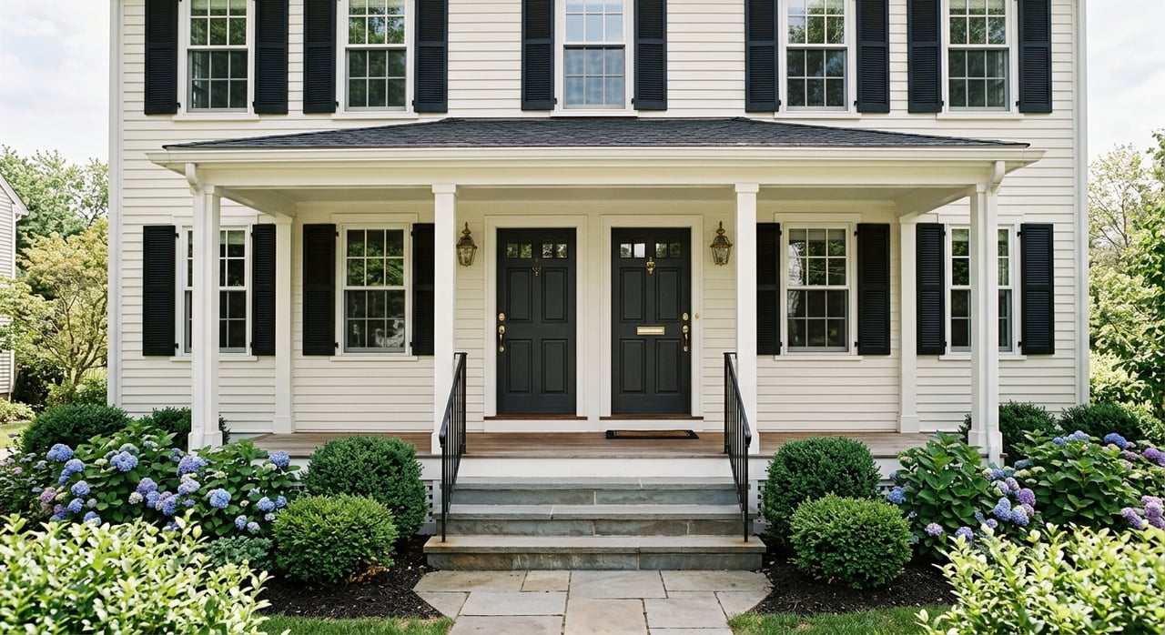 Two blue-gray entry doors share a white clapboard porch, with brass handles, paired sconces, and blue hydrangeas.