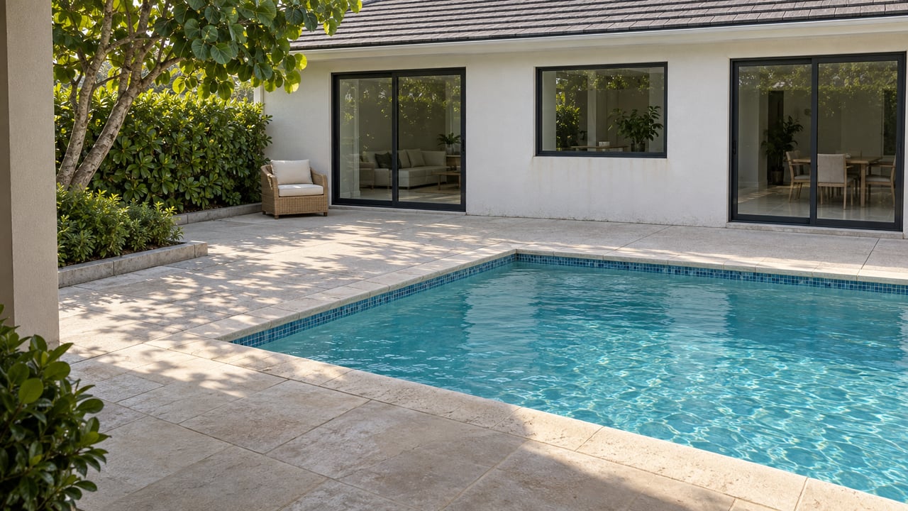 Sunlit rectangular backyard pool beside a white stucco home, with pale stone paving, black-framed glass doors and tropical planting.