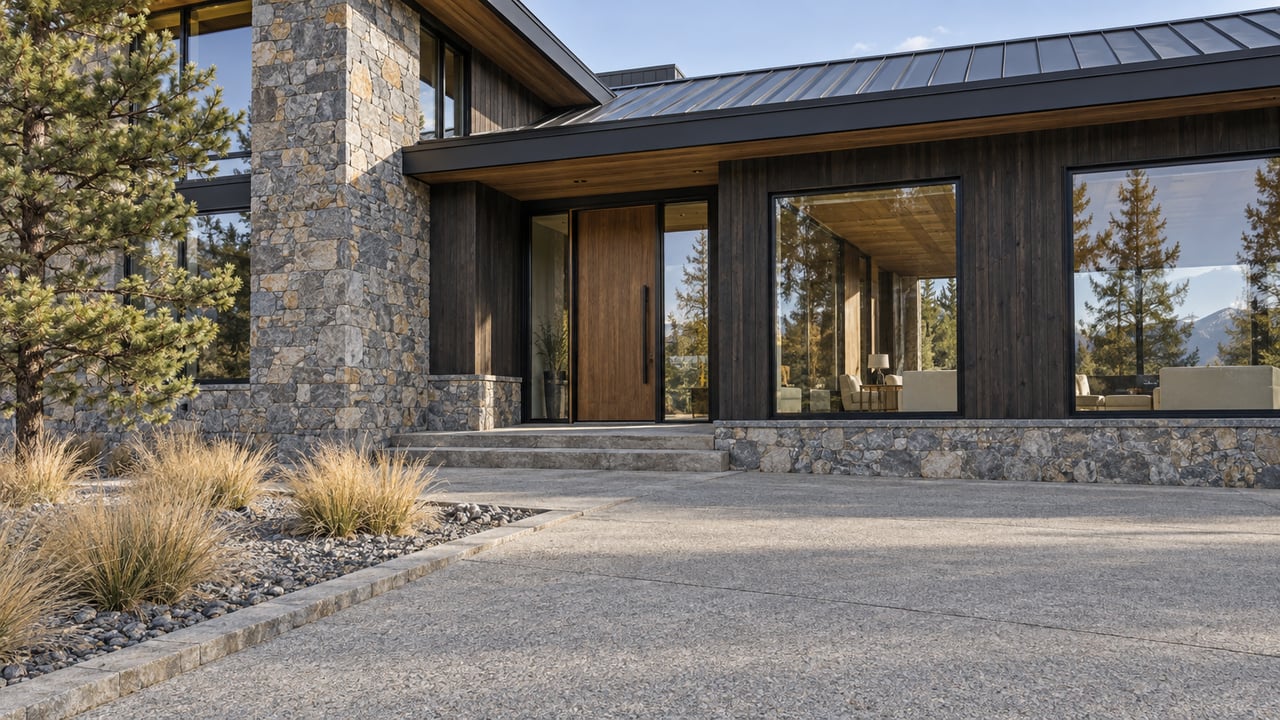 Dark timber and gray stone home with broad windows, a recessed entry, and a generous concrete approach bordered by bunchgrass and a sculptural pine.