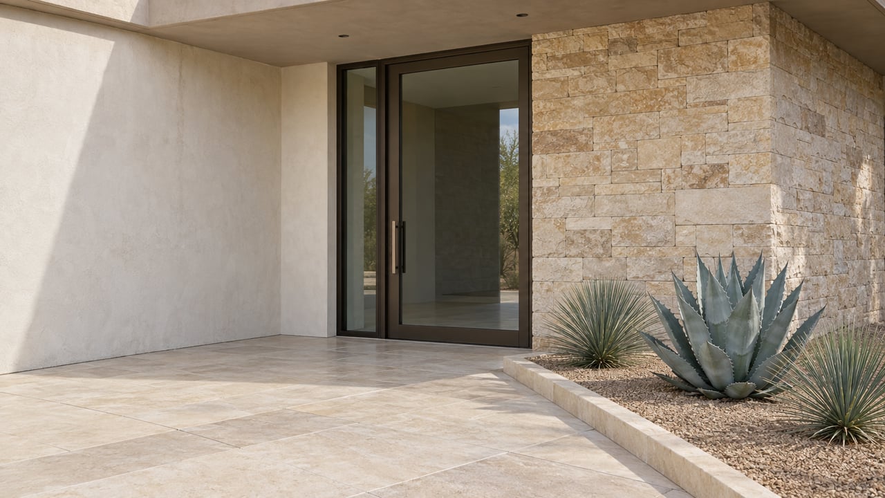 Covered home entry with a dark-framed glass door, limestone pier, and agaves beside the paved approach.