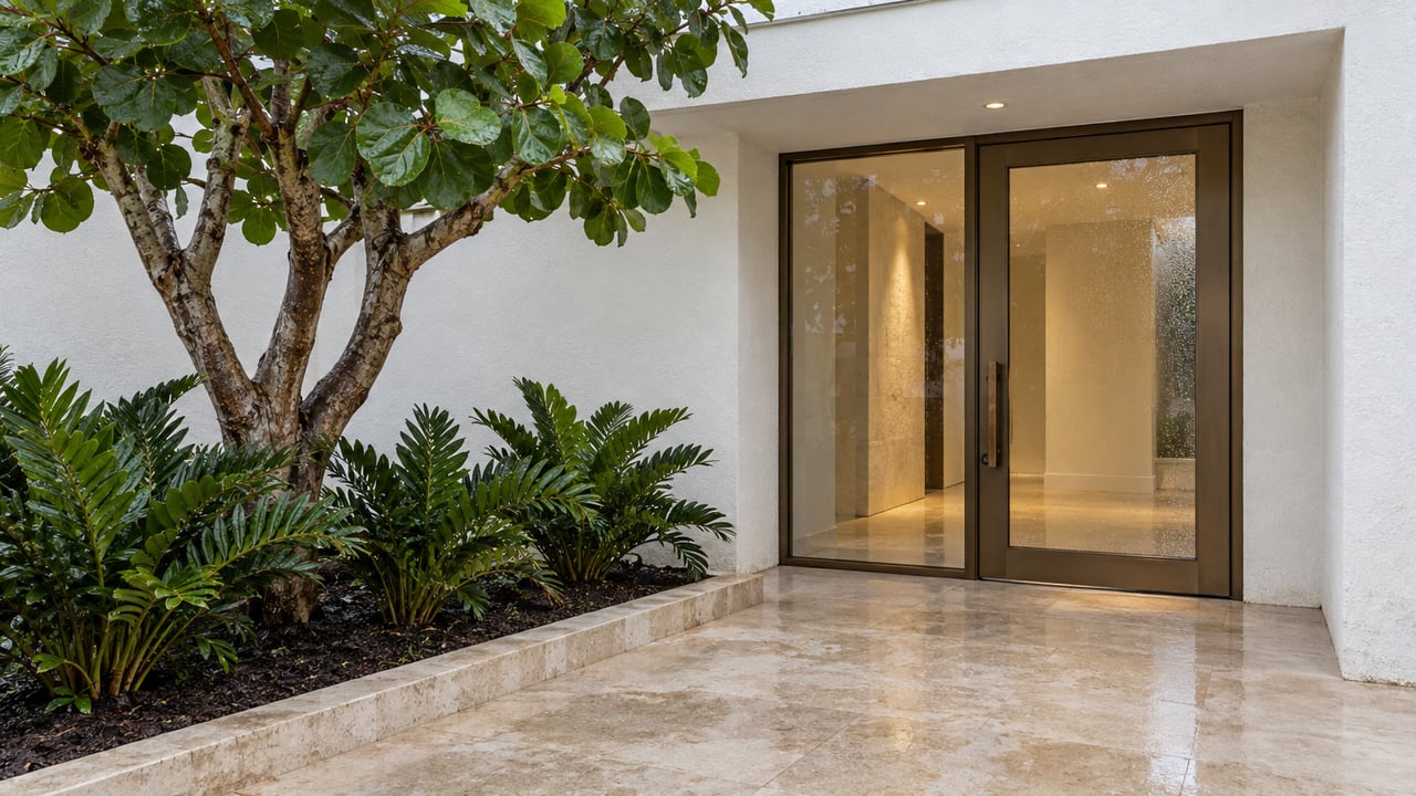 White stucco residential entry with bronze-framed glazing, damp pale limestone paving, and a sea grape tree beside a raised planting bed.