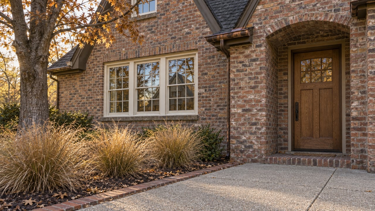 Autumn light grazes a brick home's oak entry door and divided-light window beside a brick-edged walk.