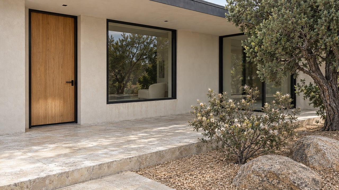 A modern home's oak entry door and black-framed glazing above a pale stone terrace, with textured juniper and rocky planting.