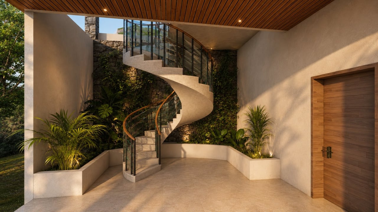 Modern entry foyer with a curved glass-railed staircase and lush planting along a stone wall.