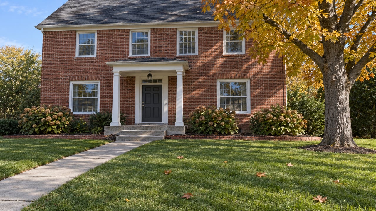 Two-story red brick home with white divided-light windows, a covered front entry, deep lawn and an autumn sugar maple.