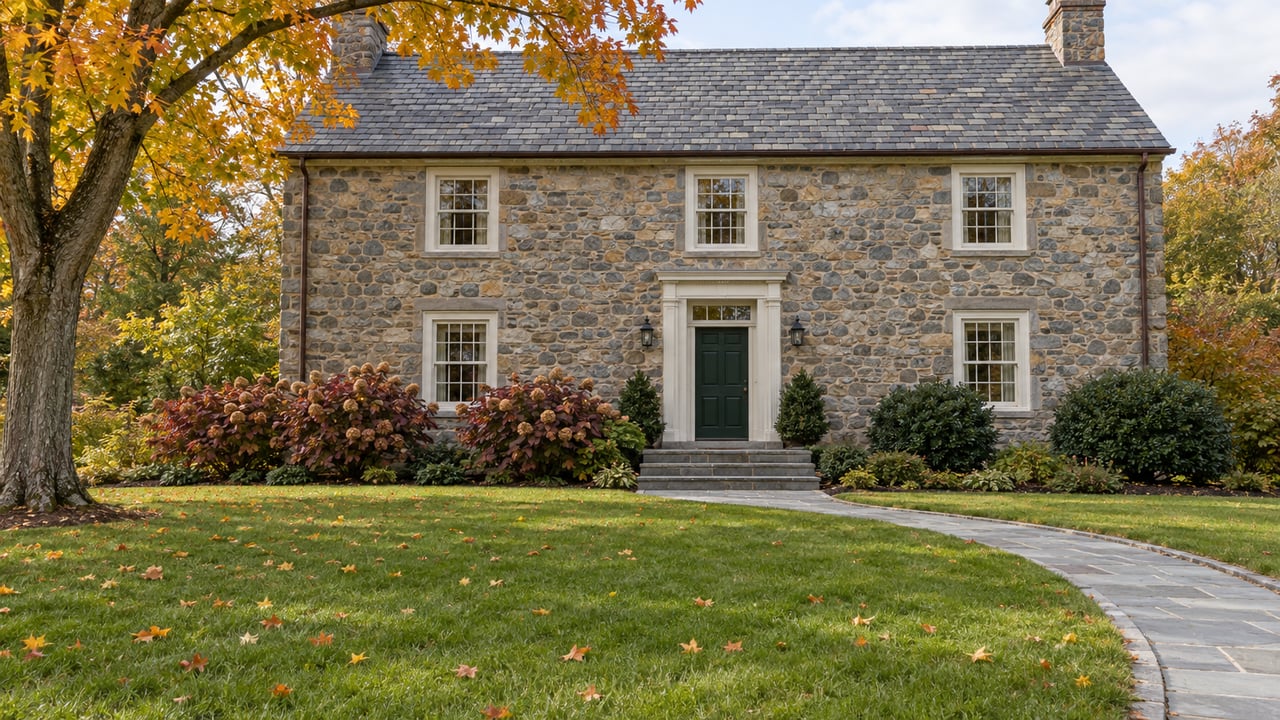 Established fieldstone home beyond a broad autumn lawn, with slate roofing, white sash windows, and a yellow-orange sugar maple.