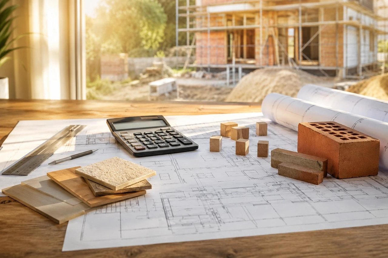 Building plans and material samples on a table, with a house under construction outside.