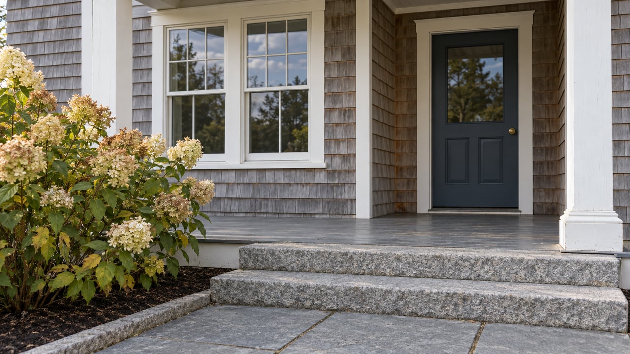 Weathered cedar shingles, ivory porch trim, granite steps and a blue-gray front door beside a flowering hydrangea.