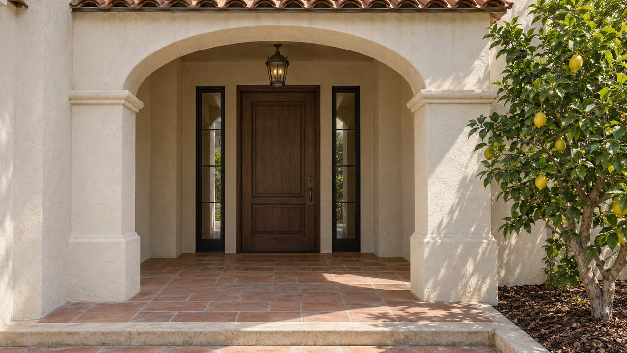 Cream stucco arched entry with a recessed oak door, terracotta paving and a lemon tree beside a limestone-edged planting bed.
