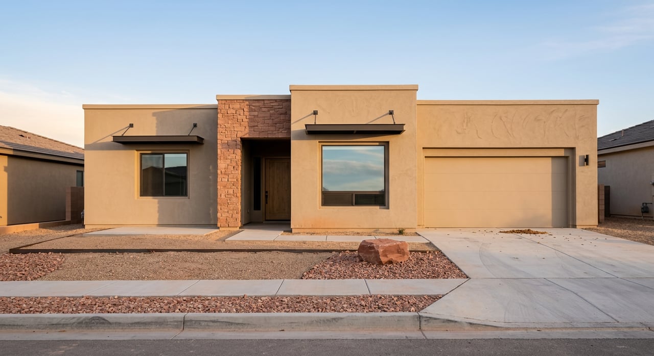 Contemporary sand-stucco house with a sandstone entry, black pergola, and sculptural desert planting.