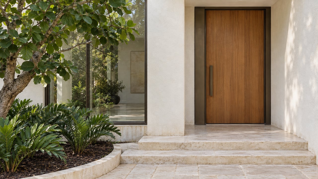 Modern home entrance with a tall wooden door, pale stone steps, and tropical landscaping.