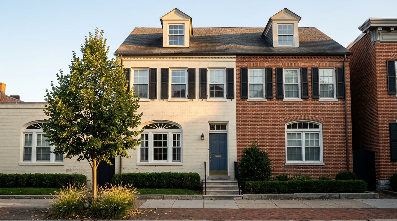 Attached ivory and red brick rowhomes with arched windows, black shutters, and a navy door.