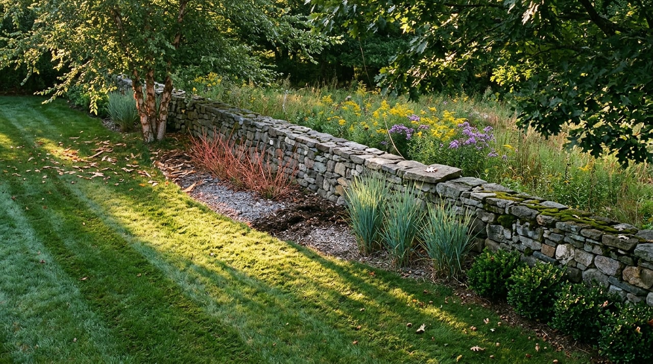 Estate lawn meets a diagonal fieldstone wall, with river birch and golden wildflowers beyond.