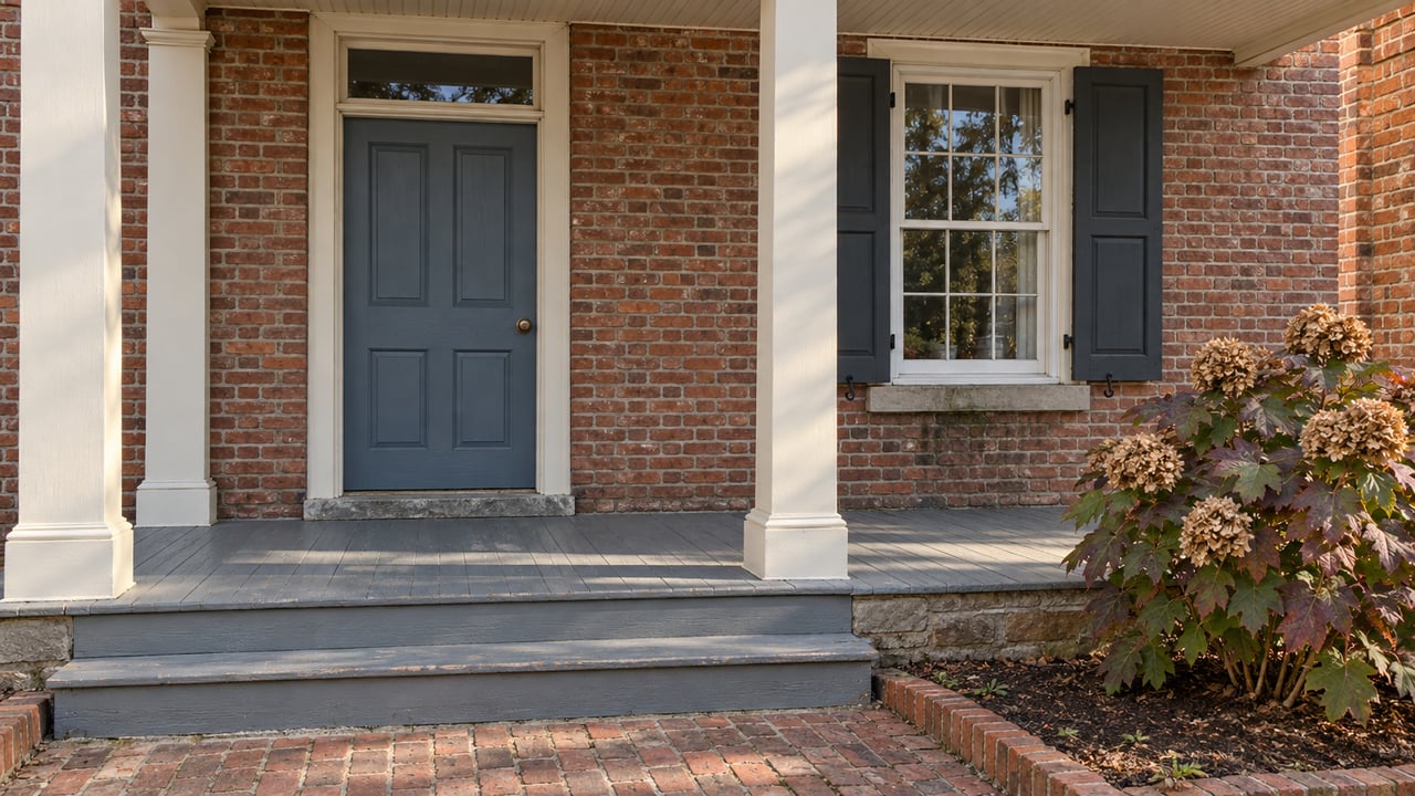 Muted-blue front door and shuttered window beside a cream-painted porch, with worn wooden steps and a brick approach.