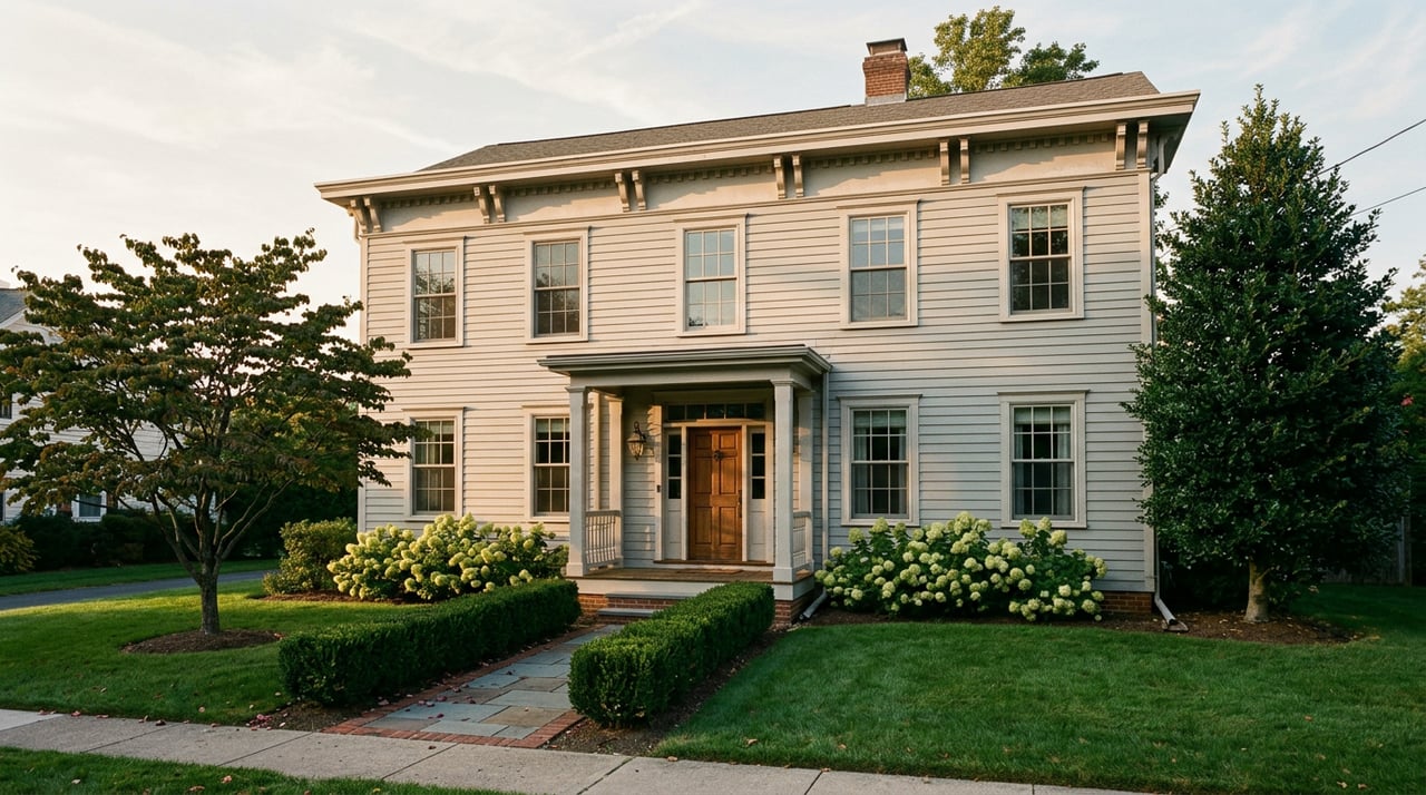 Two-story Colonial house with white porch balusters, brick walkway, clipped hedges, and a mature redbud tree.