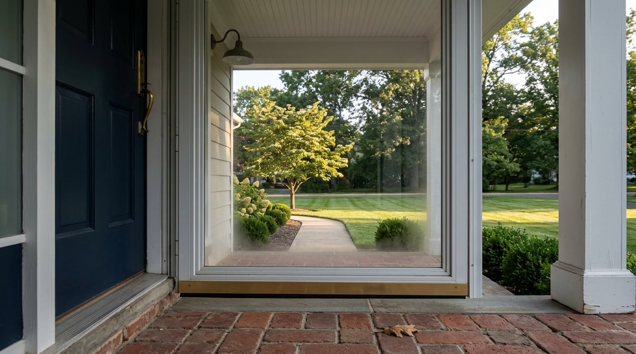 Glass storm door frames a brick stoop, front walk, and sunlit dogwood beyond.