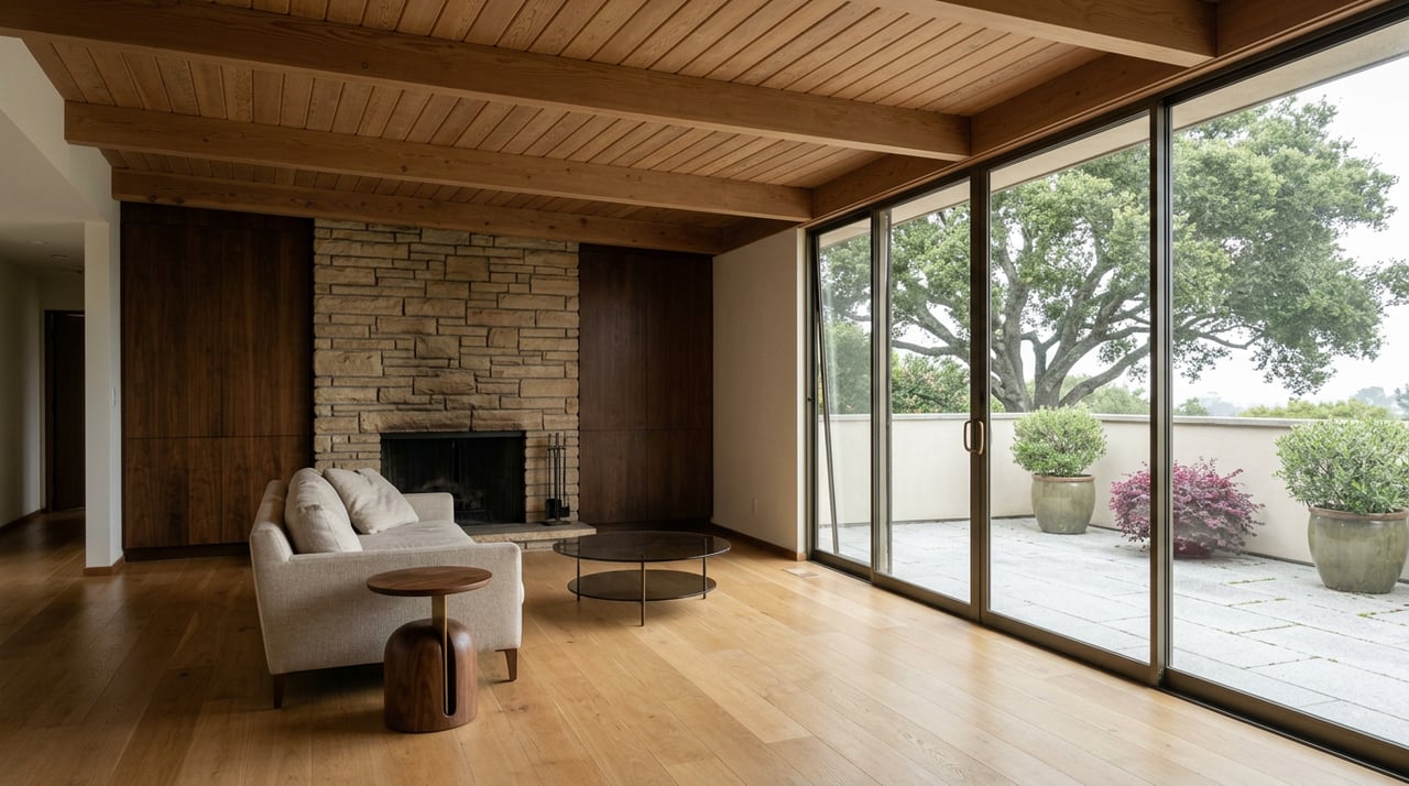 Living room with a sandstone fireplace and low linen sofa, opening onto a stone terrace beneath a mature oak.