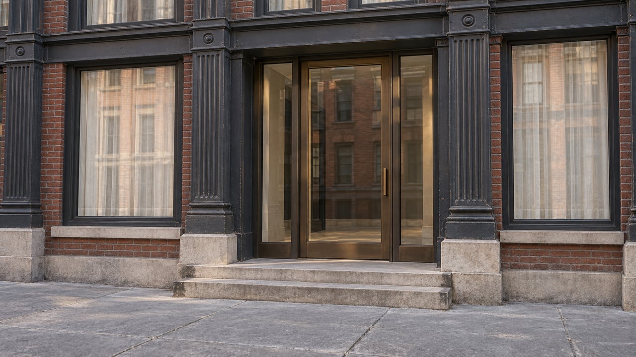 Charcoal cast-iron residential entrance with bronze-framed glazing, worn limestone steps, and tall curtained windows.