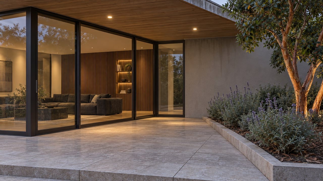A limestone terrace beside bronze-framed living-room glazing, warm wood soffit and a raised bed with a sculptural strawberry tree and Cleveland sage at dusk.