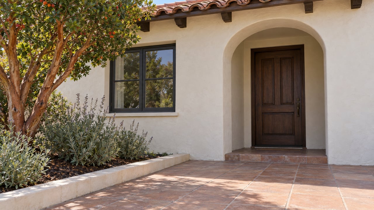 Pale stucco home with a shaded arched oak entry, clay-paver terrace, dark-framed window and established strawberry-tree planting.