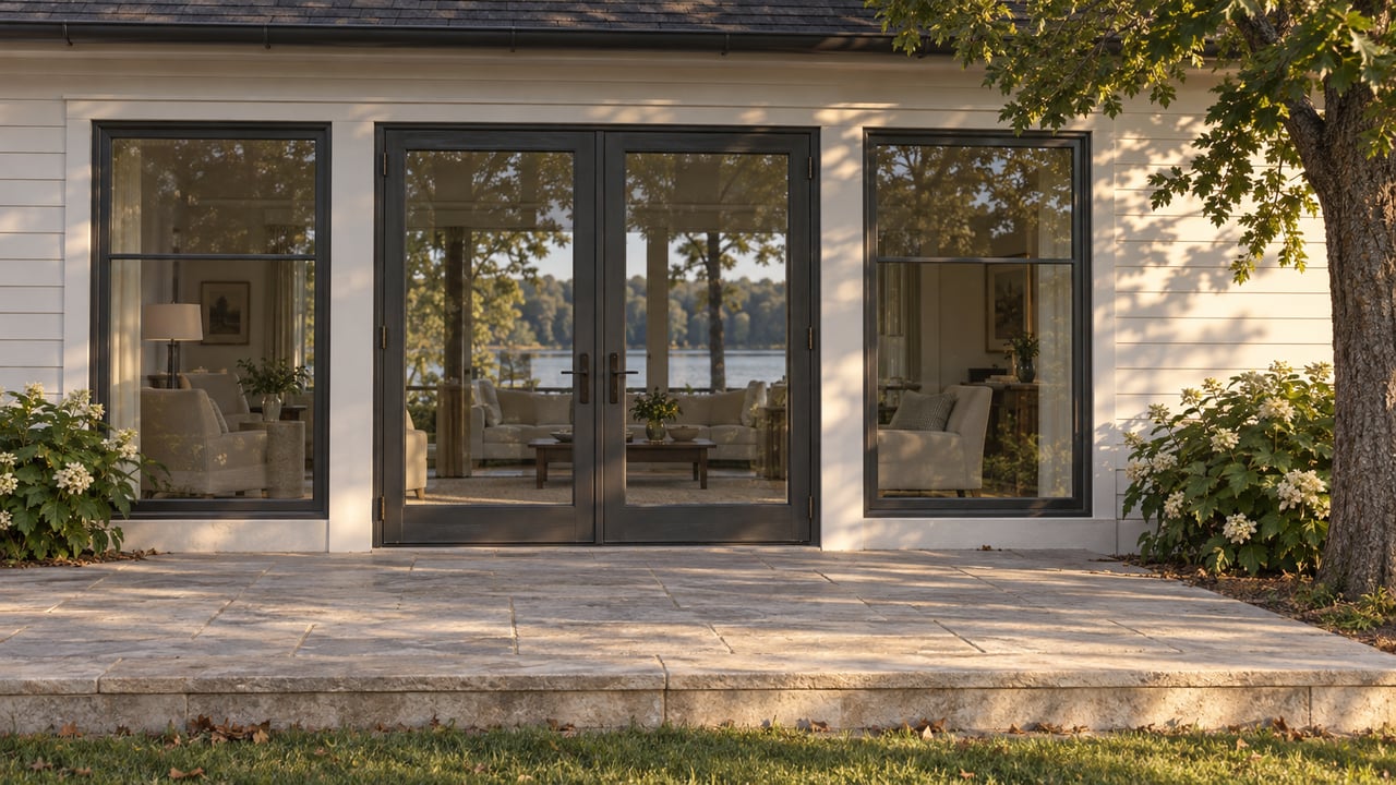 Lakeside home's closed glass doors open onto a limestone terrace beneath an oak canopy.