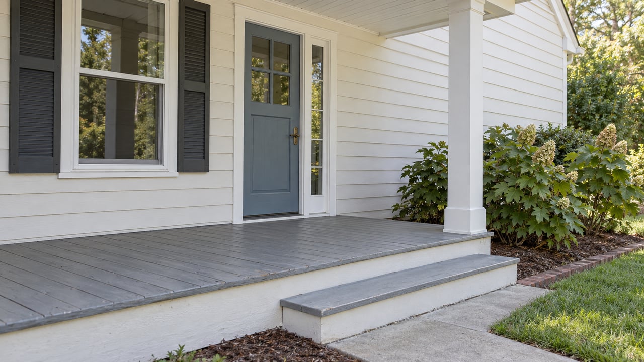 Sunlit covered porch with a blue-gray glazed door, white lap siding, weathered painted floorboards and oakleaf hydrangeas beside the steps.