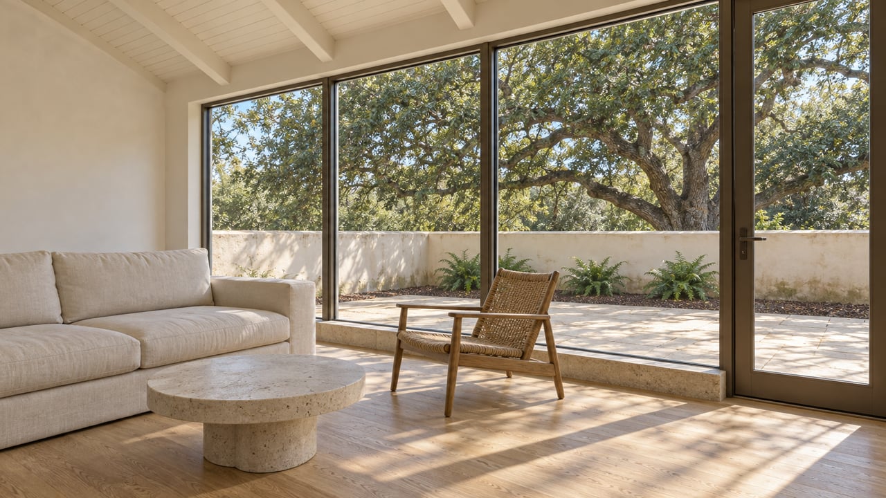 Bright vaulted sunroom with pale oak floors, linen seating, and bronze-framed windows overlooking a limestone terrace and mature oak.