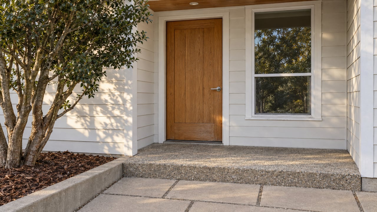 White-sided townhome entrance with a weathered oak door, shell-aggregate concrete step and sculptural yaupon holly beside the approach.