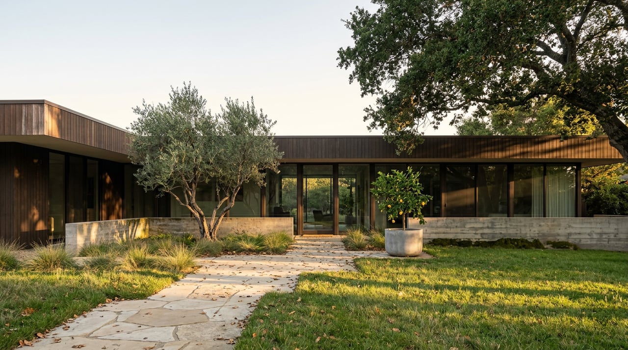Single-story cedar-and-glass home with a stone path, meadow lawn, oak canopy, olive tree, and potted lemon tree.
