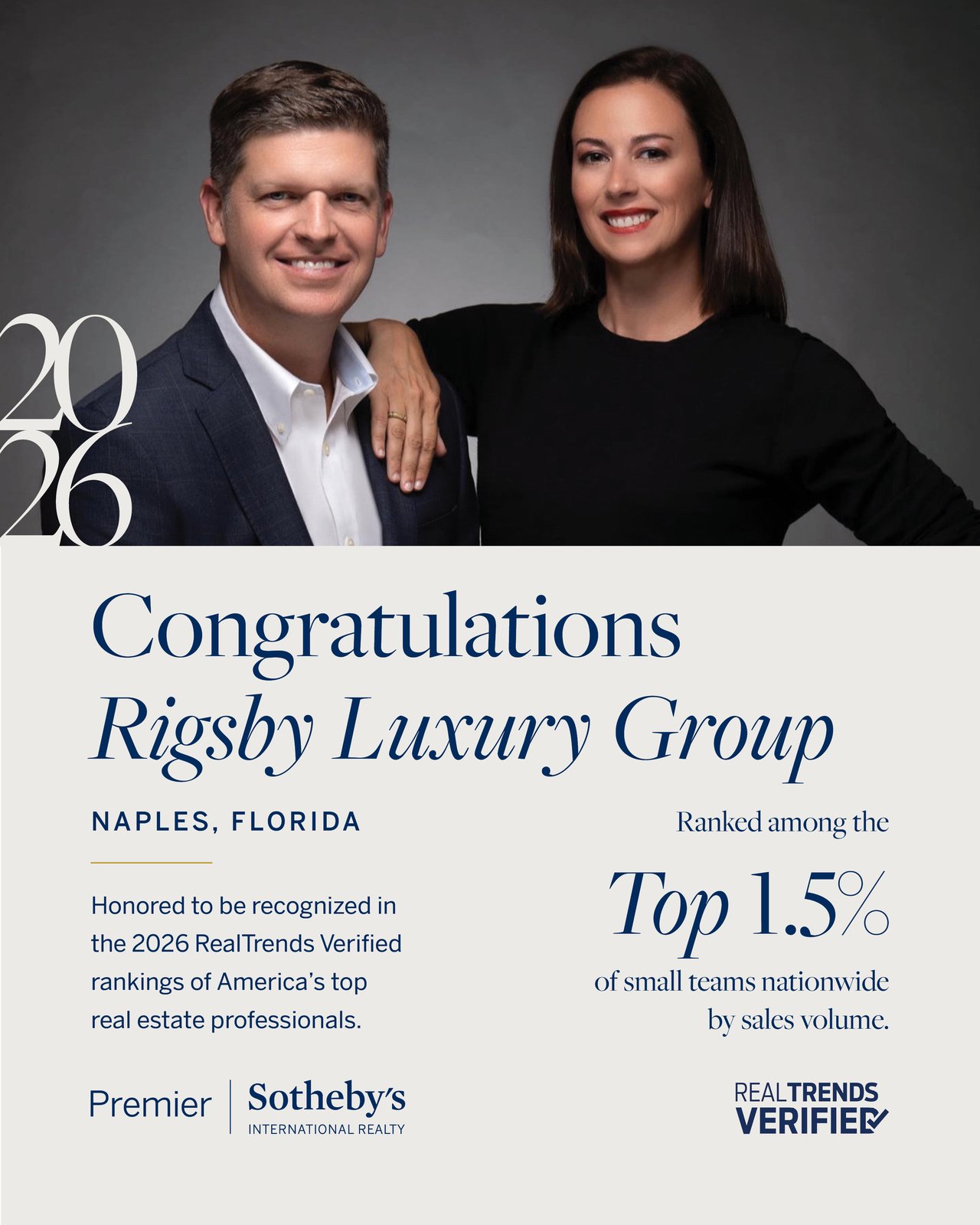 Phillip and Spencer Rigsby of Rigsby Luxury Group in Naples, Florida, named to the 2026 RealTrends Verified Top 1.5% of Small Teams by Sales Volume nationwide, Premier Sotheby's International Realty