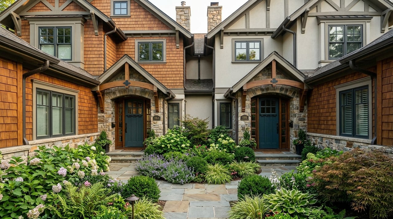 Two attached greige townhomes with white-trimmed stoops, limestone bases, and a small landscaped courtyard.