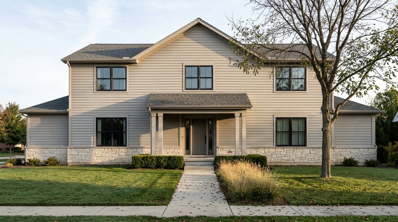 Two-story gray-sided house with stone base, front lawn, straight walkway, and bare-branched tree.