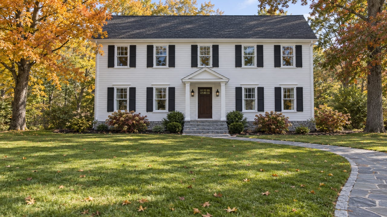 White clapboard home beyond a broad lawn, with granite entry steps and mature trees in autumn color.