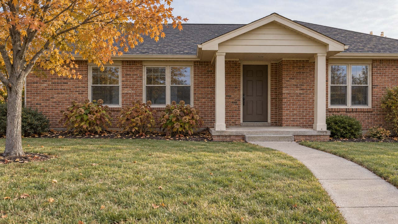 A modest brick home with a recessed cream porch, broad lawn and an orange-leaved maple in soft autumn morning light.
