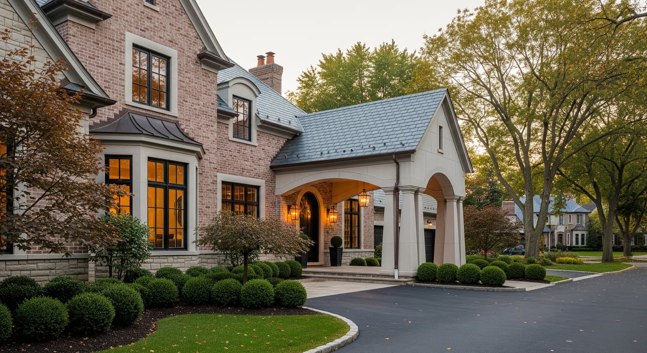 Brick house with a covered arched entrance, glowing windows, and rounded shrubs beside a curved driveway.
