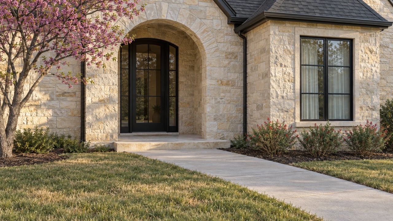 Limestone house with an arched black-framed glass entry, a tall study window and a lawn crossed by a concrete walk.